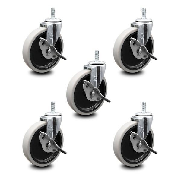 5 Inch Thermoplastic Wheel 8mm Threaded Stem Caster Set with Brakes SCC, 5PK
